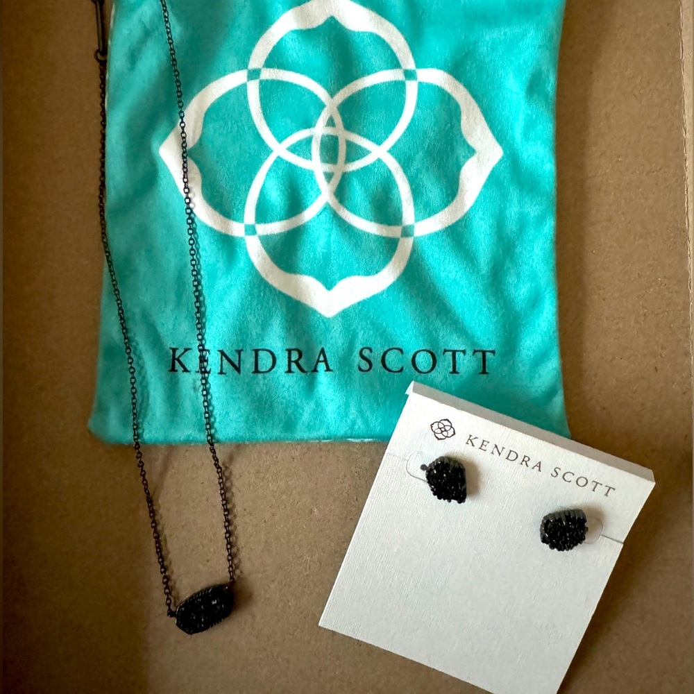 Kendra Scott Black Drusy Gunmetal Elisa Necklace and Tessa Earrings